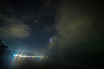 Night scape of great storm in sea