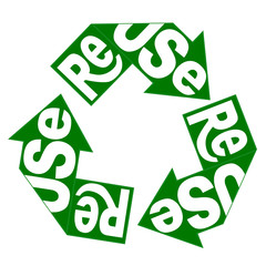 Reuse creative lettering on green recycle arrow sign. ecology label, save the Eart concept. Vector illustration