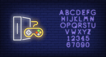 Game console with controller neon sign. Video game and entertainment design. Night bright neon sign, colorful billboard, light banner. Vector illustration in neon style. © RedlineVector