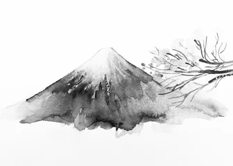 Deurstickers Monte Fuji giappone vulcano dipinto acquerello sfondo bianco © Kateryna Kovarzh