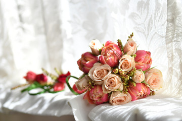close up assorted pink color bouquet, bride's getting ready