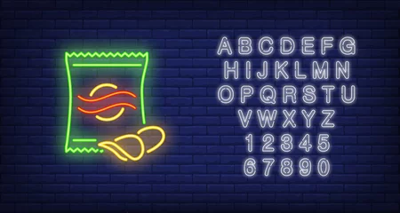 Foto op Aluminium Chips packet neon sign. Glowing illustration of green packet with potato chips on dark blue brick background. Can be used for store, shops, supermarkets, advertisement © RedlineVector