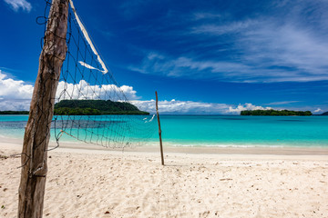 Port Orly sandy beach with palm trees, Espiritu Santo Island, Vanuatu.