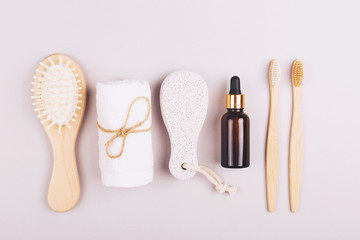 Plastic free personal care products on grey background.