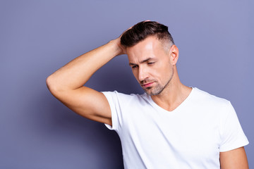 Fototapeta na wymiar Close up photo amazing he him his middle age macho ponder pensive perfect appearance look mirror shower neat ideal hairdress styling stylist salon wear casual white t-shirt isolated grey background