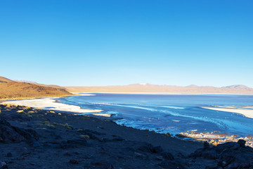 Laguna Colorada, shallow salt lake in the southwest of the altiplano of Bolivia
