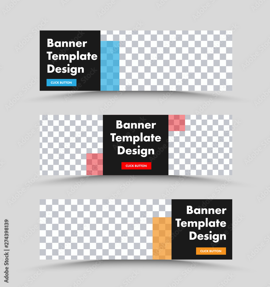 Poster Black horizontal web banner vector template with place for photo and colored rectangles transparent design elements.