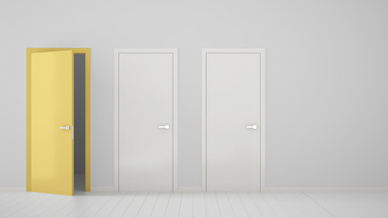 Empty room interior design with two white closed doors and one open yellow door with frame, wooden white floor. Choice, decision, selection, option concept idea with copy space
