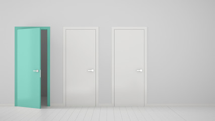 Empty room interior design with two white closed doors and one open turquoise door with frame, wooden white floor. Choice, decision, selection, option concept idea with copy space