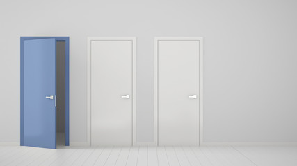 Empty room interior design with two white closed doors and one open blue door with frame, wooden white floor. Choice, decision, selection, option concept idea with copy space