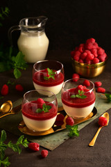 Panna cotta with raspberries on a dark background. Still life