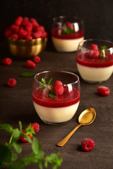Panna cotta with raspberries on a dark background. Still life