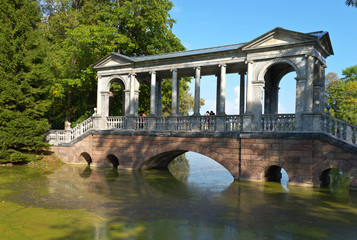 St. Petersburg, Pushkin, Tsarskoye Selo. Tourists love to walk on the Marble Bridge with a...