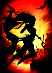 Silhouette of a woman knight running across the battlefield with a flag in her hands