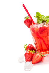 Fruit lemonade in a glass with a straw.  Strawberry cocktail with mint and ice cubes