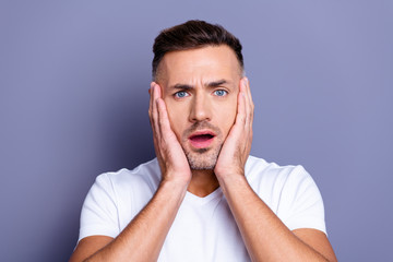 Close up photo amazing he him his middle age macho perfect appearance arms cheekbones open mouth big epic fail loser awful terrible bad situation wear casual white t-shirt isolated grey background