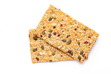 Rye bread slice on a white background.