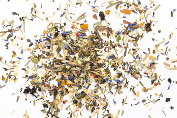 Herbal tea on a white background. Top view.