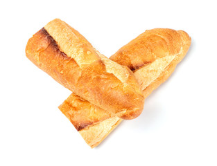 Baguette cut in half. Baguette bread. French bread. Organic baguette francese on white background, Top view