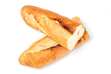 Baguette cut in half. Baguette bread. French bread. Organic baguette francese on white background, Top view