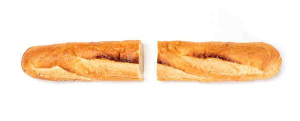 Baguette cut in half. Baguette bread. French bread. Organic baguette francese on white background, Top view