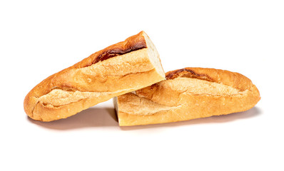 Baguette cut in half. Baguette bread. French bread. Organic baguette francese on white background