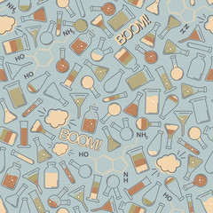 Fototapeta na wymiar Vector chemical seamless pattern of colorful laboratory test tubes and flasks on a cyan background