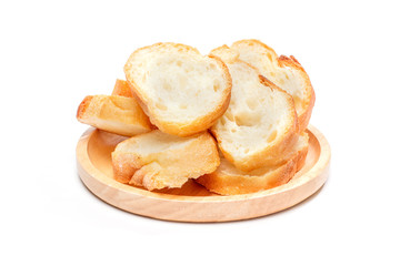 Sliced baguette bread on a wooden plate, Baguette bread, French bread, Organic baguette francese on white background, Top view
