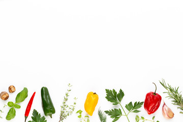 Spice herbal leaves and chili pepper on white background. Vegetables pattern. Floral and vegetables on white background. Top view, flat lay.