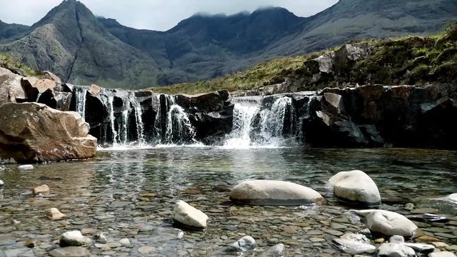 Isle of Skye, Fairy pools waterfall, touristic highlight in Scotland, Europe