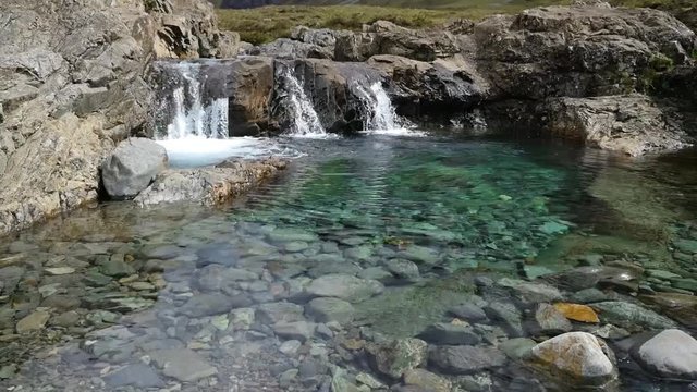 Isle of Skye, Fairy pools waterfall, touristic highlight in Scotland, Europe