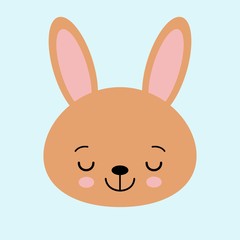Brown bunny rabbit. Funny head face. Big ears. Cute kawaii cartoon character. Baby greeting card template. Happy Easter sign symbol. Blue background. Flat design.