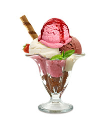 Vanilla, strawberry and chocolate ice cream scoops with sauce or sherbet and wafer stick in sundae...