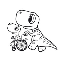 Vector black line cartoon image, handicap baby dinosaur seat on wheelchair and mom carries him. Isolated on white background.
