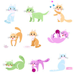 Set of colorful abstract cats in different home action
