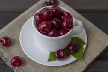 Fresh organic ripe sweet cherry in a white ceramic mug