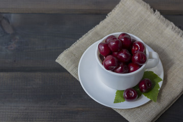 Fresh organic ripe sweet cherry in a white ceramic mug