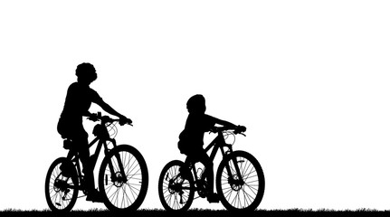Fototapeta na wymiar silhouette Mother and daughter ride bike on white background
