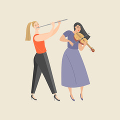 Two cute girls playing the violin and flute