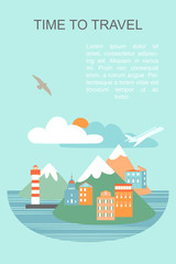 Naklejka premium Vector banner with seaside city illustration and text layout