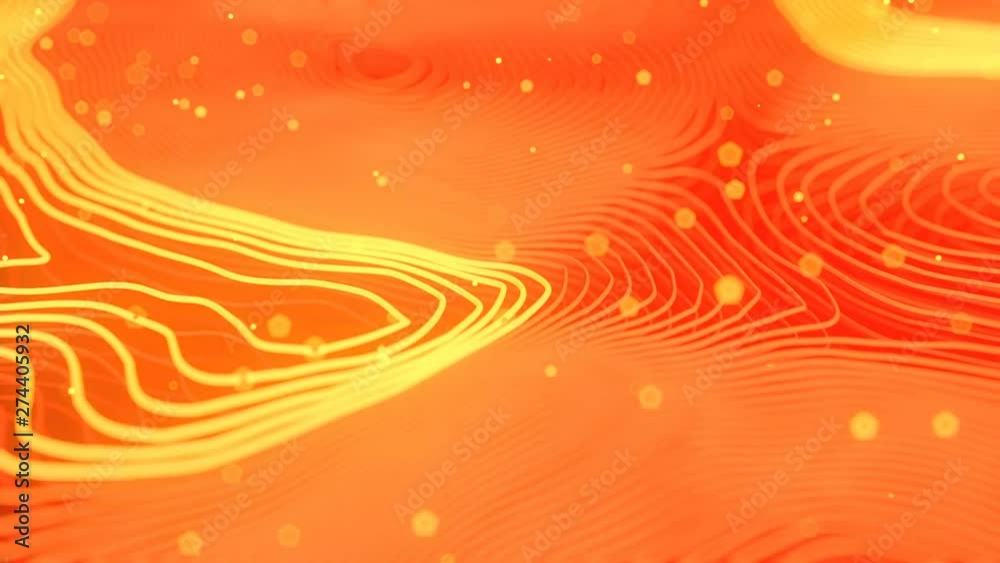 Aufkleber Orange colored abstract background with bright particles. Deformed wavy wires with motion glowing elements. Depth of field. 3D render loop animation. 4K, Ultra HD resolution.