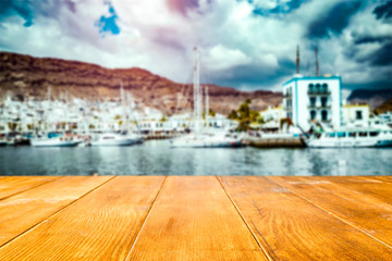 Desk of free space and summer beach landscape. 