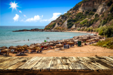 Fototapeta premium Desk of free space and summer beach landscape. 