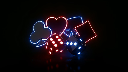Ace Symbols And Dices With Futuristic Neon Lights. Casino Concept, Isolated On The Black Background - 3D Illustration