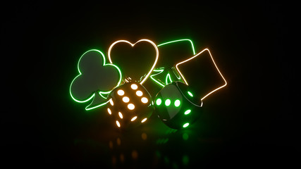 Ace Symbols And Dices With Futuristic Green And Orange Neon Lights - 3D Illustration