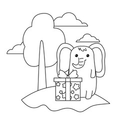 cute elephant animal with gift box in landscape