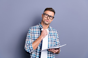 Close up photo handsome he him his guy pen chin hands arms hold notebook making notes carefully...