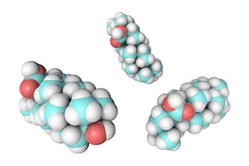 Molecular model of oleanolic acid. Atoms are represented as spheres with conventional color coding: hydrogen (white), carbon (light blue), oxygen (red). 3d illustration