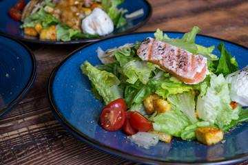 The tasty salads on a table.