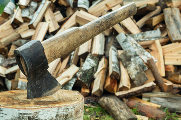 Manual ax for wood harvesting. Timber procurement for household. Logging